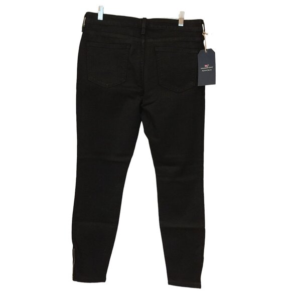 Vineyard Vines Ladies Size 12 Jet Black Sheen Coated Denim Jeans Zip Ankle - Picture 2 of 7
